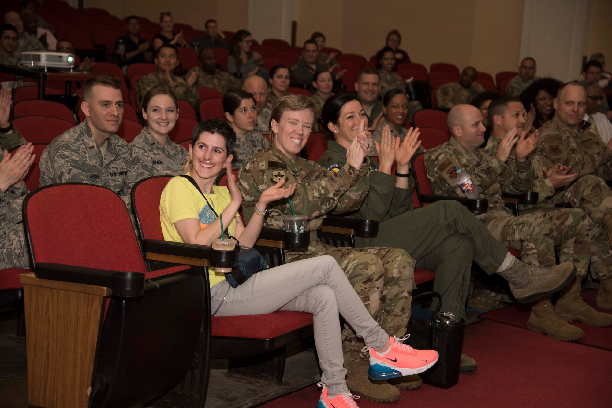 The audience of the Breaking Barriers event held April 10, 2019, in the Fleenor Auditorium, Joint Base San Antonio-Randolph applauds Brig. Gen. Jeannie Leavitt, commander of Air Force Recruiting Service. The purpose of this event was to provide an opportunity for the JBSA community to hear, ask questions and learn from a leader like Brig. Gen. Leavitt as she shares her story as the first female fighter pilot and the first woman to command an Air Force combat fighter wing and talks about effective leadership practices in the Air Force. (U.S. Air Force photo by: Airman 1st Class Shelby Pruitt)