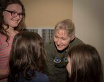 Brig. Gen. Jeannie Leavitt, commander of Air Force Recruiting Service, speaks to youth attendees at the Breaking Barriers event April 10, 2019, in the Fleenor Auditorium, Joint Base San Antonio-Randolph. The purpose of this event was to provide an opportunity for the JBSA community to hear, ask questions and learn from a leader like Brig. Gen. Leavitt as she shares her story as the first female fighter pilot and the first woman to command an Air Force combat fighter wing and talks about effective leadership practices in the Air Force. (U.S. Air Force photo by: Airman 1st Class Shelby Pruitt)