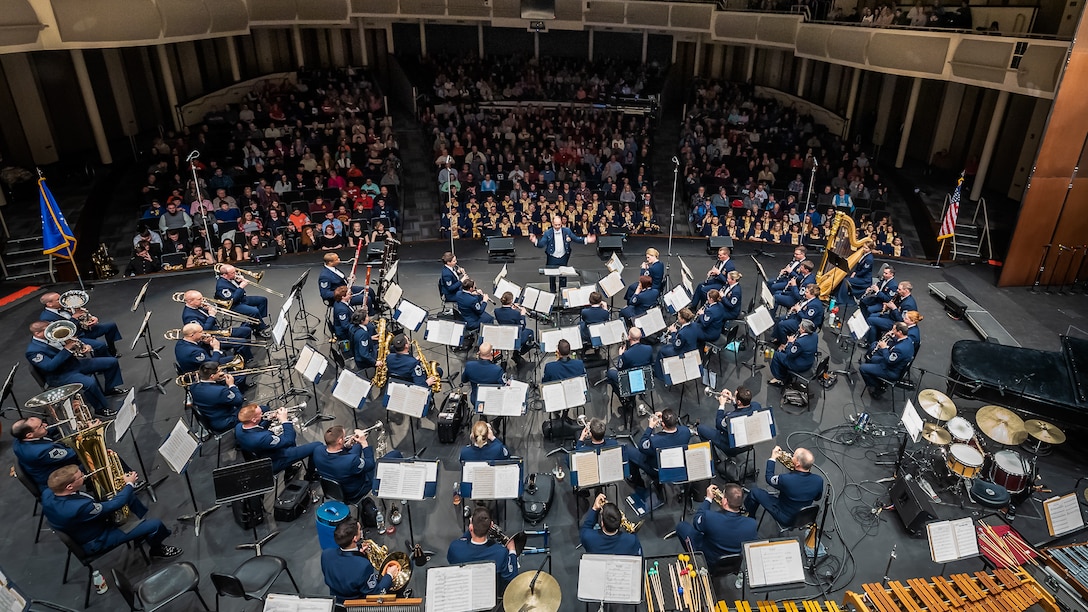 The U.S. Air Force Concert Band performs for a full audience at the Kearney High School Concert Hall in Kearney, Nebraska, on Monday, March 11, 2019. The concert was part of the ensemble's four-state community relations tour. (U.S. Air Force photo by Master Sgt. Brandon Chaney)