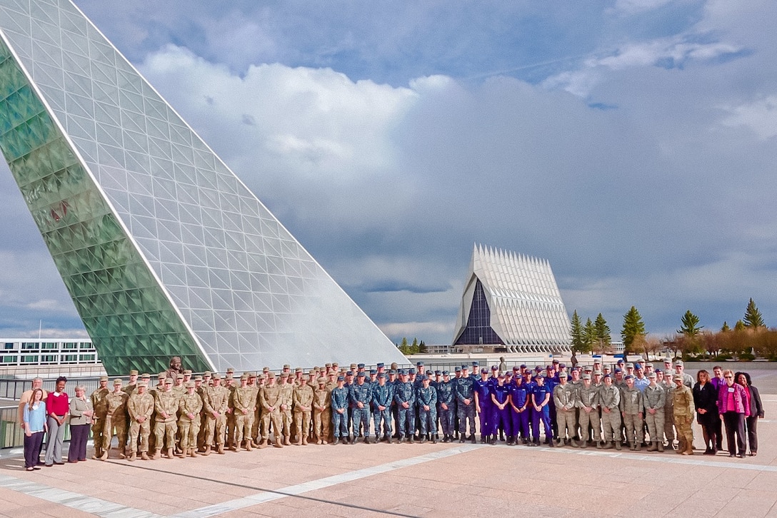 Cadets and midshipmen group photo at  the U.S. Air Force Academy.