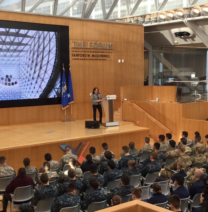 NSA’s Deputy National Manager for National Security Systems Marianne Bailey addresses cadets and midshipmen during the cyber combat exercise at NSA’s NCX 2019.