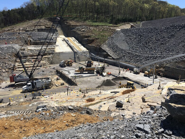 LANCASTER, Tenn. (April 18, 2019) – The U.S. Army Corps of Engineers recently began placing “roller-compacted concrete” to build a reinforcing berm downstream of Center Hill’s auxiliary dam.  This construction is the final major risk-reduction contract in the ongoing Center Hill Dam Safety Rehabilitation Project.