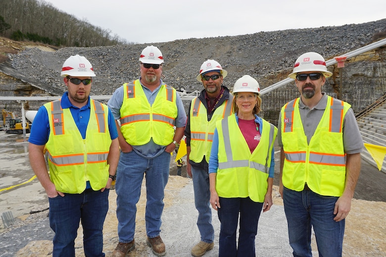 LANCASTER, Tenn. (April 18, 2019) – The U.S. Army Corps of Engineers recently began placing “roller-compacted concrete” to build a reinforcing berm downstream of Center Hill’s auxiliary dam.  This construction is the final major risk-reduction contract in the ongoing Center Hill Dam Safety Rehabilitation Project.