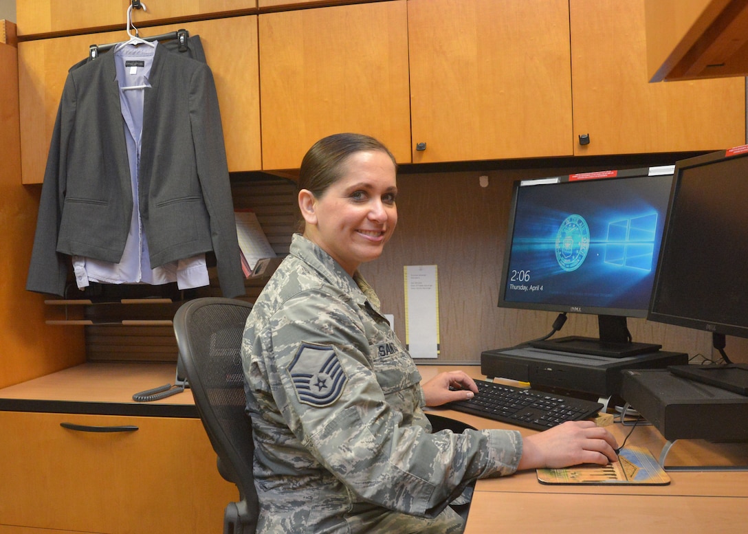 U.S. Air Force Master Sgt. Angela Santos, superintendent, Education and Technology Branch, Air Force Cryptologic Office, Twenty-Fifth Air Force, began an internship in April through the Air Force Career Skills Program, or CSP. The program prepares Airmen through vocational and technical training for a specific career or trade when transitioning from military to civilian employment. (U.S. Air Force photo by Lori Bultman)