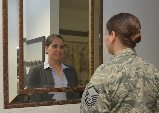 U.S. Air Force Master Sgt. Angela Santos, superintendent, Education and Technology Branch, Air Force Cryptologic Office, Twenty-Fifth Air Force, began an internship acquired through the Air Force Career Skills Program, or CSP. The program prepares Airmen through vocational and technical training for a specific career or trade when transitioning from military to civilian employment. (U.S. Air Force photo illustration by Lori Bultman and Alexx Pons)