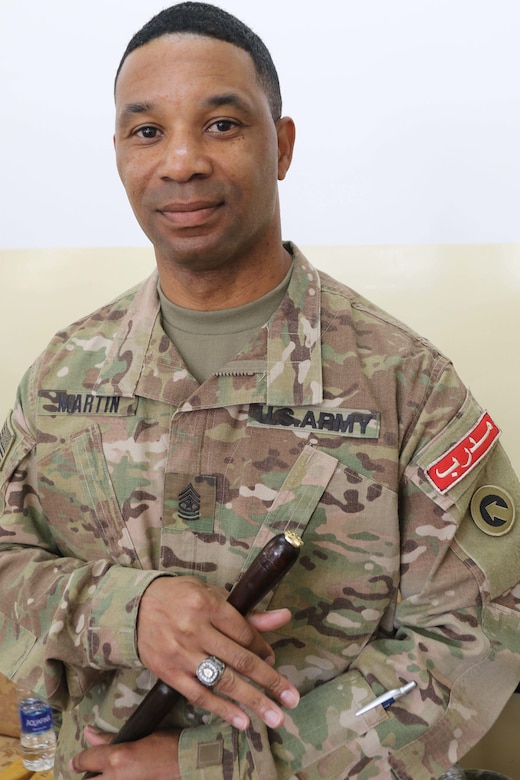Sgt. Maj. Marvin Martin was presented with a memento at the conclusion of the United States Army and Jordan Armed Forces noncommissioned officer subject matter expert exchange in Amman, Jordan, April 6-10, 2019. Topics included the enlisted force structure, promotions, professional military education, performance feedback, evaluation processes, and career development for both armies. The U.S. and Jordan remain committed to a strong bilateral relationship built on common interests and mutual respect.
