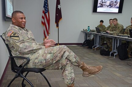 Maj. Gen. Patrick D. Sargent, commander, U.S. Army Medical Department, Health Center of Excellence, or AMEDDC&S HRCoE, speaks with students attending the Brigade Health Care Provider Course at the ROC Drill Facility at Joint Base San Antonio-Fort Sam Houston April 15.