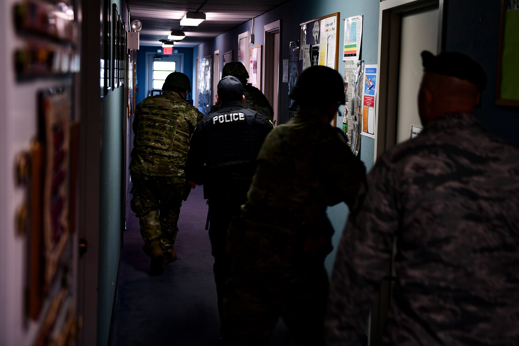 Members of the 911th Security Forces Squadron perform an active shooter exercise at the Pittsburgh International Airport Air Reserve Station, Pennsylvania, April 16, 2019. The exercise was performed ensuring all base personnel know how to respond to a real-world active shooter incident. (U.S. Air Force photo by Mark A. Winklosky)