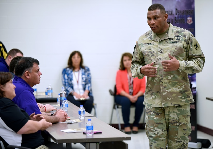 Maj. Gen. Patrick D. Sargent, commanding general, U.S. Army Medical Department Center and School, Health Readiness Center of Excellence, or AMEDDC&S HRCoE, hosted a welcome reception and meet and greet in support of a Los Angeles educator tour at Willis Hall at Joint Base San Antonio-Fort Sam Houston April 16.