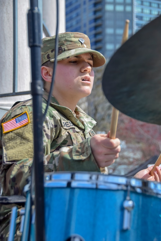 U.S. Army Reserve Spc. Laura Crespo, a bandsman for the 78th Army Band, performs with the 78th Army Band Jazz Combo during the Meet Your Army Week event in the Boston Commons, in Boston, Massachusetts, April 13. The U.S. Army offers 150 career choices. Army musicians perform in a variety of ensembles ranging from ceremonial band to jazz band to small ensembles, playing all styles of music.