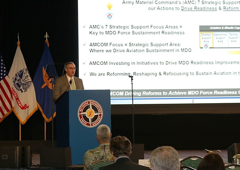 Bill Marriott, the U.S. Army Aviation and Missile Command’s Executive Director, addresses hundreds of fellow aviators and senior leaders at the Army Aviation Association of America summit.