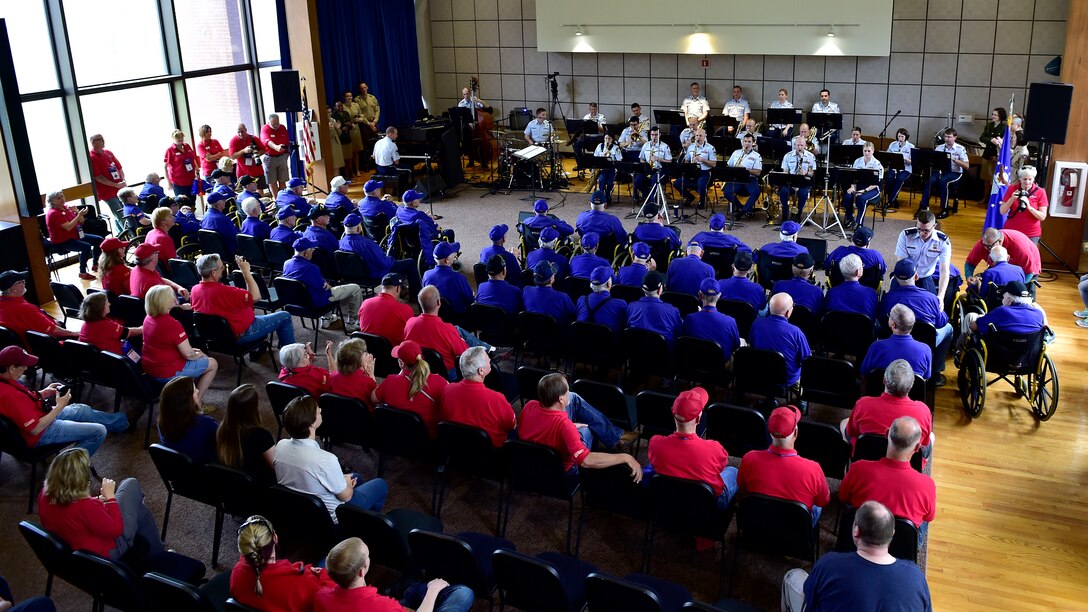 Members of the U.S. Air Force Concert Band perform for an audience of military veterans during the DFW Honor Flight concert, at Joint Base Anacostia-Bolling, April 13, 2019. The concert honored military veterans from WWII, Vietnam and Korean War by playing music from the era. (U.S. Air Force photo by Staff Sgt. Cary Smith)