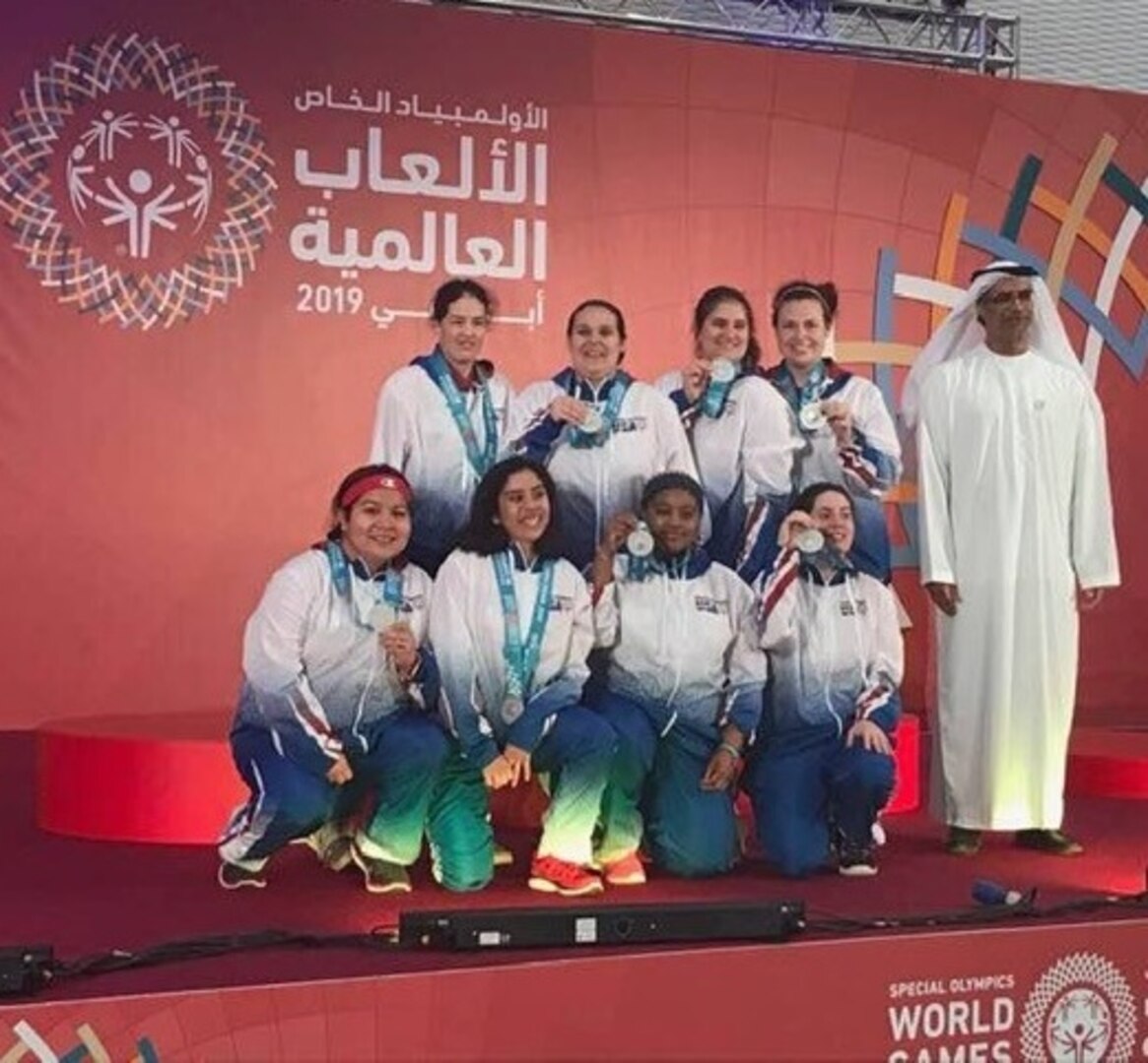 Joint Base San Antonio-Fort Sam Houston Army & Air Force Exchange Service associate Jamie Holt (back row, far left) won a silver medal at the Special Olympics 2019 World Games in Abu Dhabi as a member of the U.S. women’s basketball team.