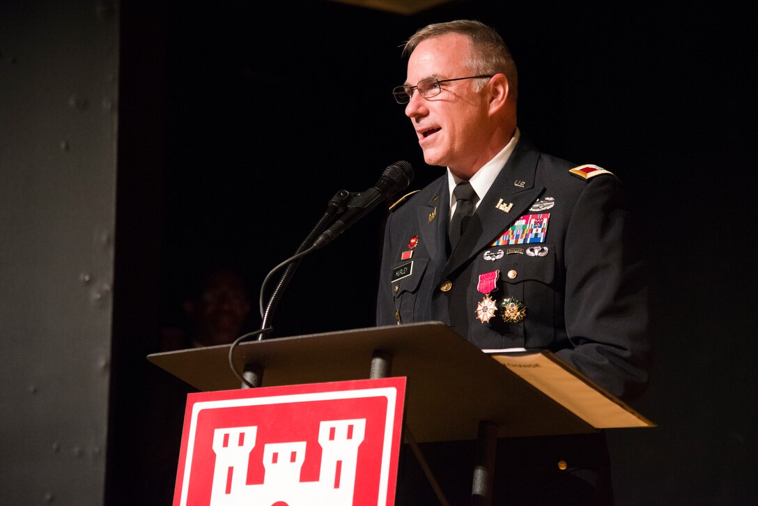 Col. John Hurley, Huntsville Center's outgoing commander, speaks during the Center's change-of-command ceremony April 18, 2019, at the University of Alabama in Huntsville's Chan Auditorium in Huntsville, Alabama.