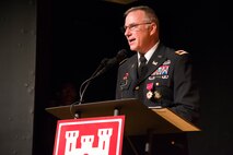 Col. John Hurley, Huntsville Center's outgoing commander, speaks during the Center's change-of-command ceremony April 18, 2019, at the University of Alabama in Huntsville's Chan Auditorium in Huntsville, Alabama.