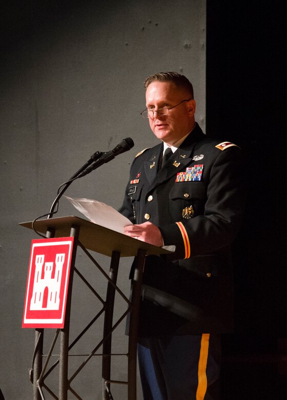 Lt. Col. H. W. Hugh Darville, Huntsville Center's incoming commander, speaks during the Center's change-of-command ceremony April 18, 2019, at the University of Alabama in Huntsville's Chan Auditorium in Huntsville, Alabama.