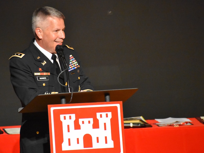 Lt. Gen. Todd Semonite, chief of engineers and commanding general of the U.S. Army Corps of Engineers, speaks during Huntsville Center's change-of-command ceremony April 18, 2019, at the University of Alabama in Huntsville's Chan Auditorium in Huntsville, Alabama.
