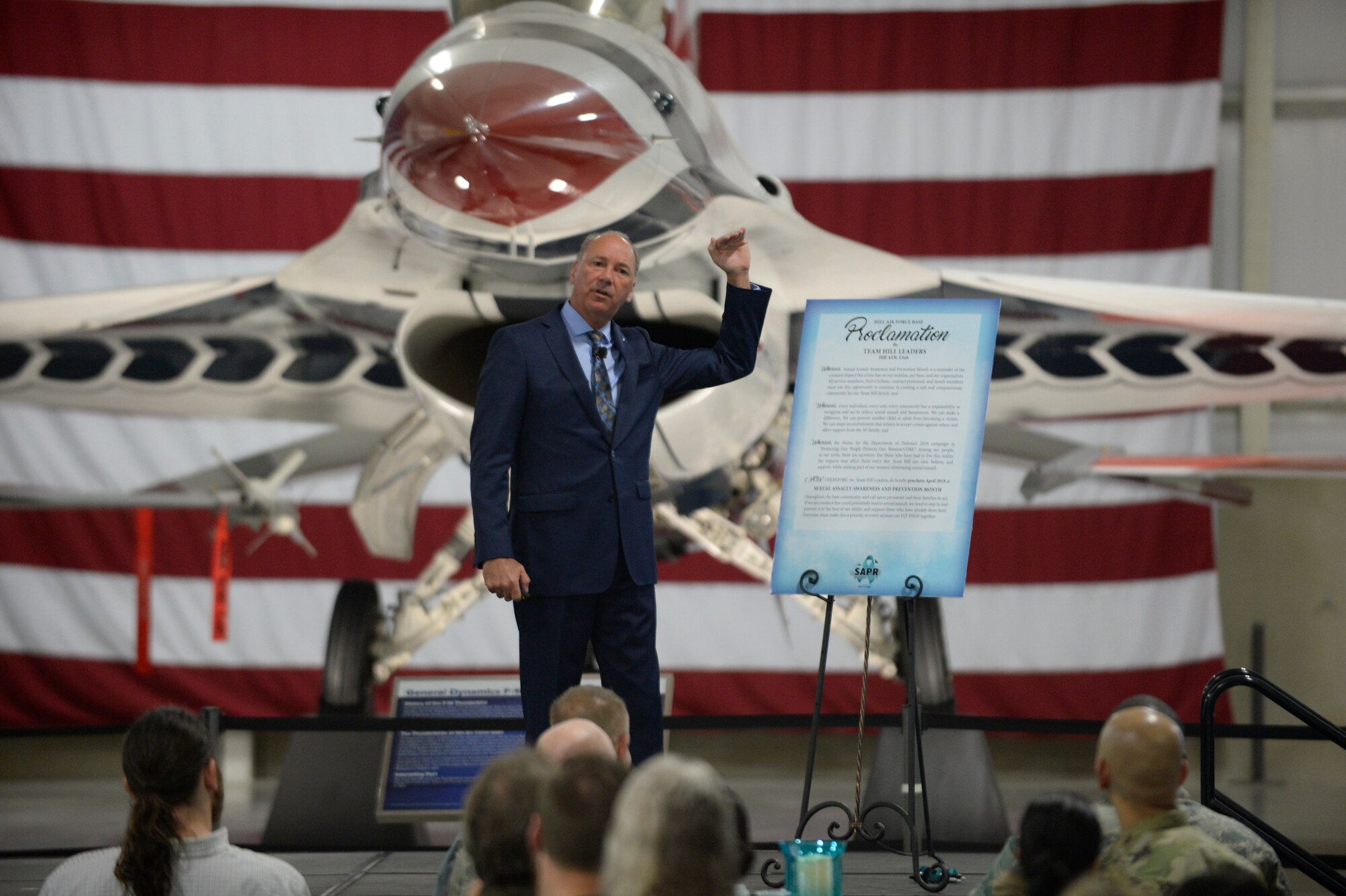 Thomas Tremblay, guest speaker for the base’s Sexual Assault Awareness and Prevention Month breakfast, addresses base personnel and members of the community April 16, 2019, at Hill Air Force Base, Utah. Tremblay is a national leader in the development and delivery of trauma-informed sexual assault investigations training. (U.S. Air Force photo by David Perry)