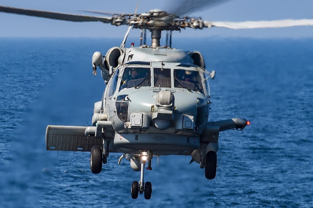 A Seahawk helicopter  flies over the Baltic Sea.