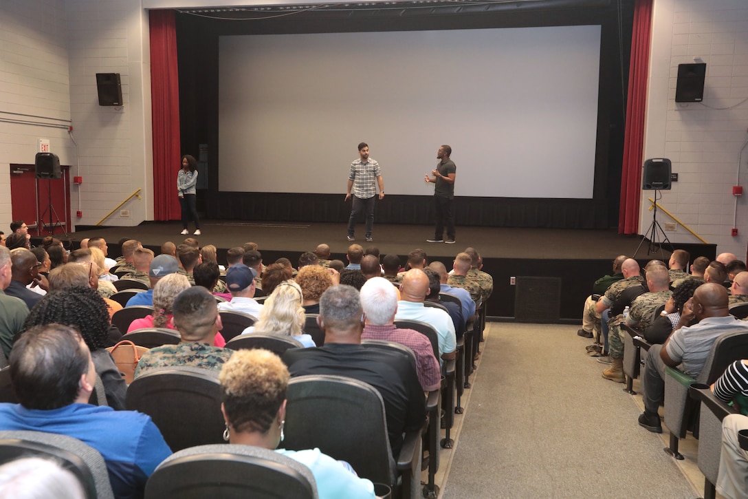It was a packed house as hundreds of active-duty, civilian-Marines and other base personnel crammed into the Base Theater aboard Marine Corps Logistics Base Albany for the first-ever improv show on sexual assault, April 16. (U.S. Marine Corps photo by Re-Essa Buckels)