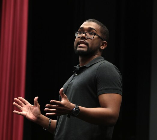 It was a packed house as hundreds of active-duty, civilian-Marines and other base personnel crammed into the Base Theater aboard Marine Corps Logistics Base Albany for the first-ever improv show on sexual assault, April 16. (U.S. Marine Corps photo by Re-Essa Buckels)