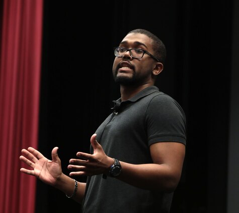 It was a packed house as hundreds of active-duty, civilian-Marines and other base personnel crammed into the Base Theater aboard Marine Corps Logistics Base Albany for the first-ever improv show on sexual assault, April 16. (U.S. Marine Corps photo by Re-Essa Buckels)