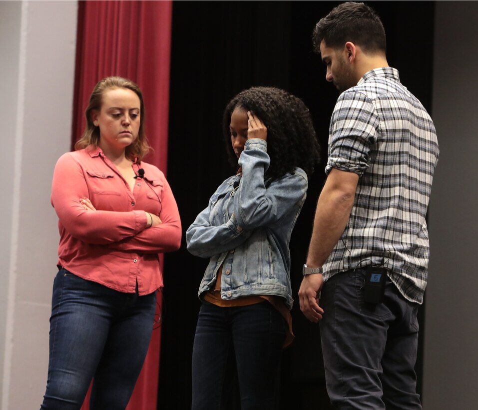 It was a packed house as hundreds of active-duty, civilian-Marines and other base personnel crammed into the Base Theater aboard Marine Corps Logistics Base Albany for the first-ever improv show on sexual assault, April 16. (U.S. Marine Corps photo by Re-Essa Buckels)