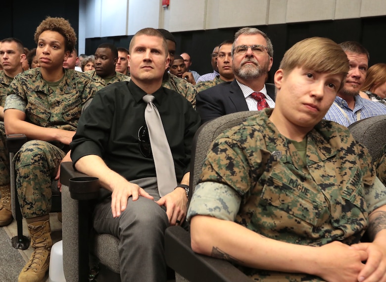 It was a packed house as hundreds of active-duty, civilian-Marines and other base personnel crammed into the Base Theater aboard Marine Corps Logistics Base Albany for the first-ever improv show on sexual assault, April 16. (U.S. Marine Corps photo by Re-Essa Buckels)