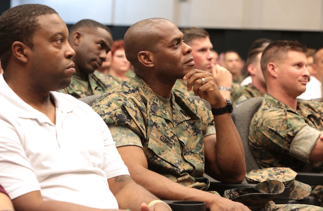 It was a packed house as hundreds of active-duty, civilian-Marines and other base personnel crammed into the Base Theater aboard Marine Corps Logistics Base Albany for the first-ever improv show on sexual assault, April 16. (U.S. Marine Corps photo by Re-Essa Buckels)