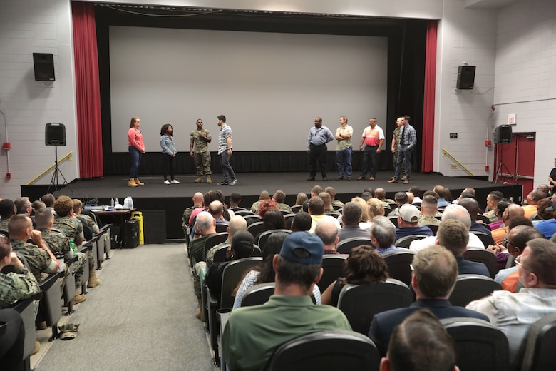 It was a packed house as hundreds of active-duty, civilian-Marines and other base personnel crammed into the Base Theater aboard Marine Corps Logistics Base Albany for the first-ever improv show on sexual assault, April 16. (U.S. Marine Corps photo by Re-Essa Buckels)