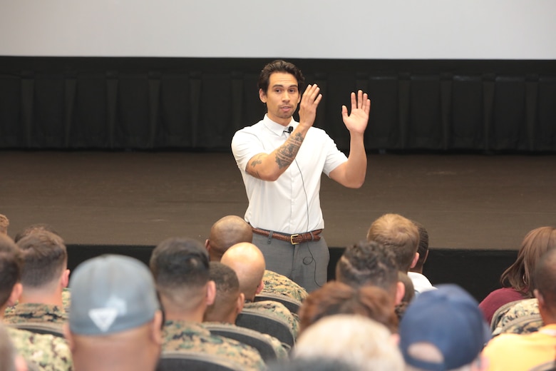 It was a packed house as hundreds of active-duty, civilian-Marines and other base personnel crammed into the Base Theater aboard Marine Corps Logistics Base Albany for the first-ever improv show on sexual assault, April 16. (U.S. Marine Corps photo by Re-Essa Buckels)