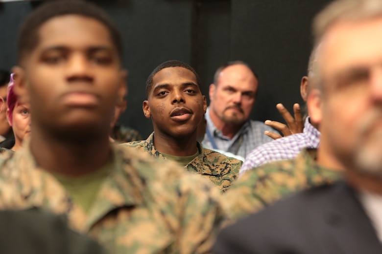 It was a packed house as hundreds of active-duty, civilian-Marines and other base personnel crammed into the Base Theater aboard Marine Corps Logistics Base Albany for the first-ever improv show on sexual assault, April 16. (U.S. Marine Corps photo by Re-Essa Buckels)