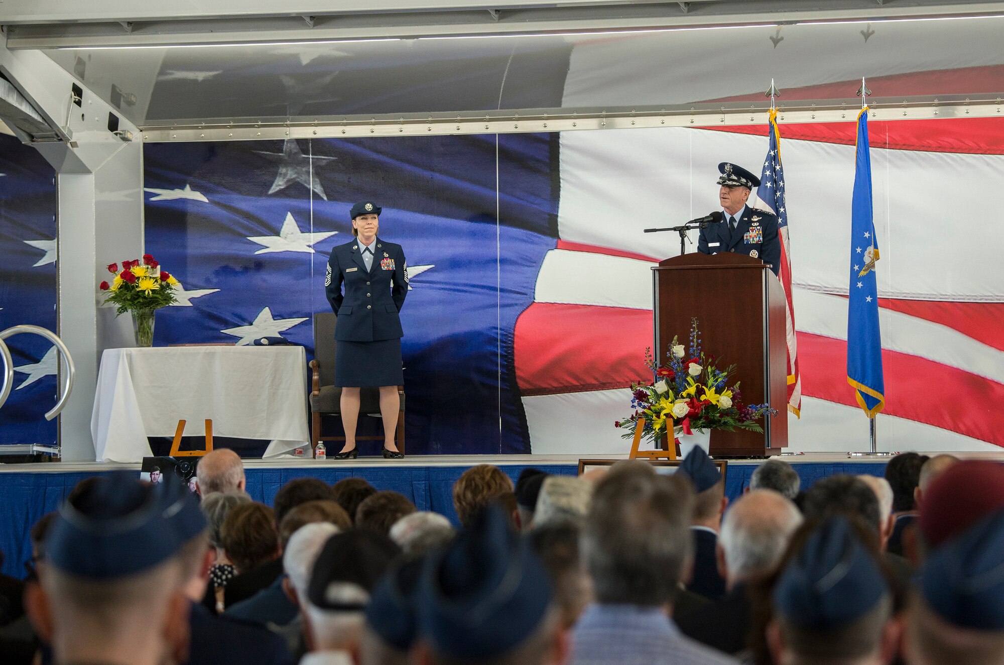 U.S. Air Force Chief of Staff Gen. David L. Goldfein addresses the family of retired U.S. Air Force Lt. Col. Richard “Dick” E. Cole during a memorial service at Joint Base San Antonio-Randolph, Texas April 18, 2019.