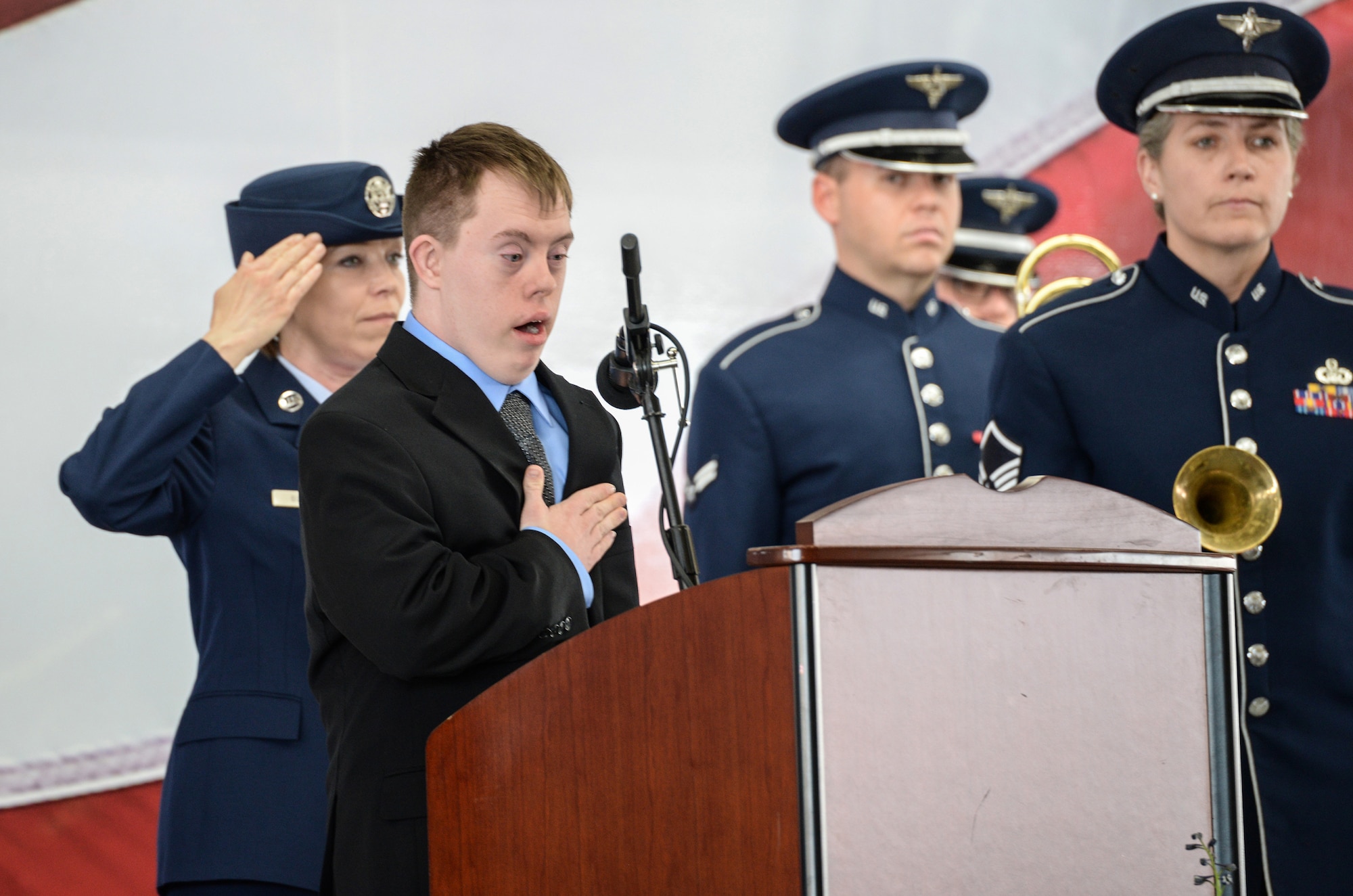 Aaron Cole, a grandson of retired U.S. Air Force Lt. Col. Richard “Dick” E. Cole, sings the national anthem during a memorial service for his grandfather at Joint Base San Antonio-Randolph, Texas, April 18, 2019.