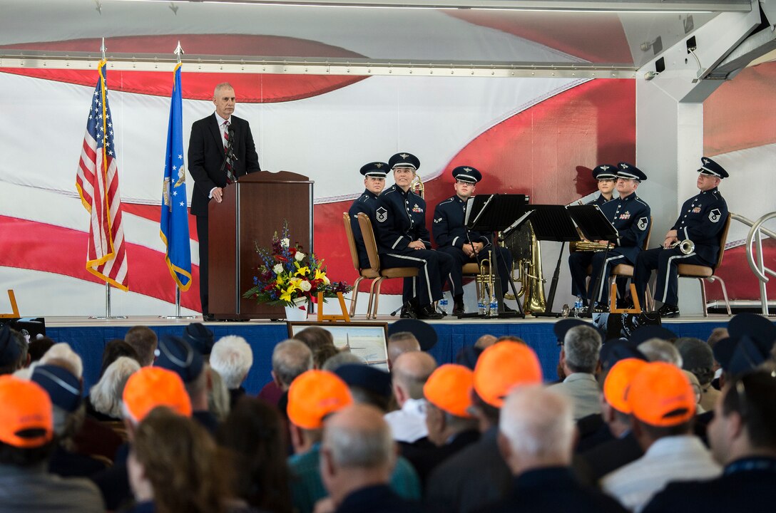 Richard Cole, son of retired U.S. Air Force Lt. Col. Richard “Dick” E. Cole, speaks to attendees during a memorial service for his father at Joint Base San Antonio-Randolph, Texas, April 18, 2019.
