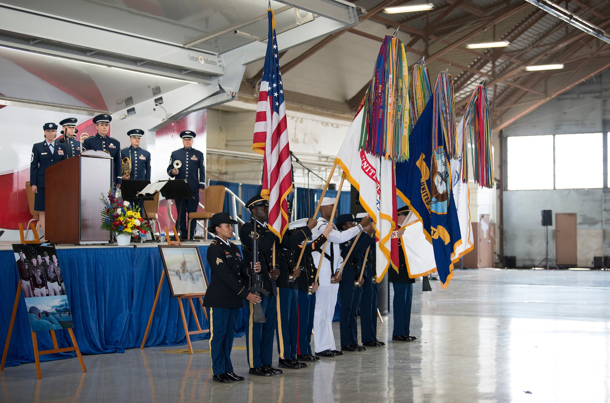 A joint service color guard prepare to present the colors during a memorial service for retired U.S. Air Force Lt. Col. Richard “Dick” E. Cole at Joint Base San Antonio-Randolph, Texas, April 18, 2019.
