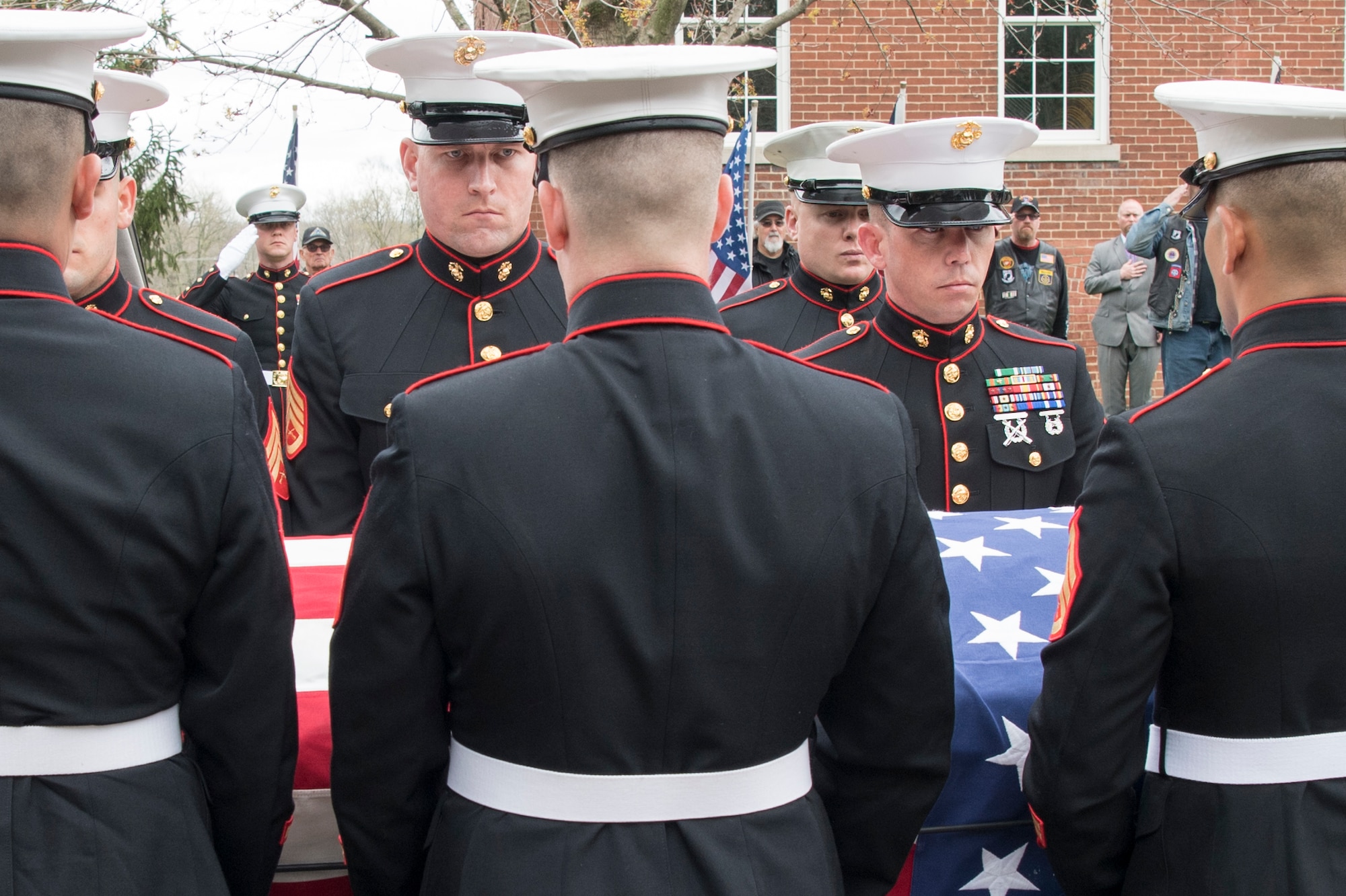 Marines from Detachment 1, Communications Company, Combat Logistics Regiment 45, 4th Marine Logistics Group, carry the casket of Pvt. Fred Freet April 18, 2019 at the Marion Indiana National Cemetery. During the ceremony, Grissom Marines conducted a 21-gun salute in addition to a flag folding ceremony that was presented to the family. (U.S. Air Force Photo/Master Sgt. Ben Mota)