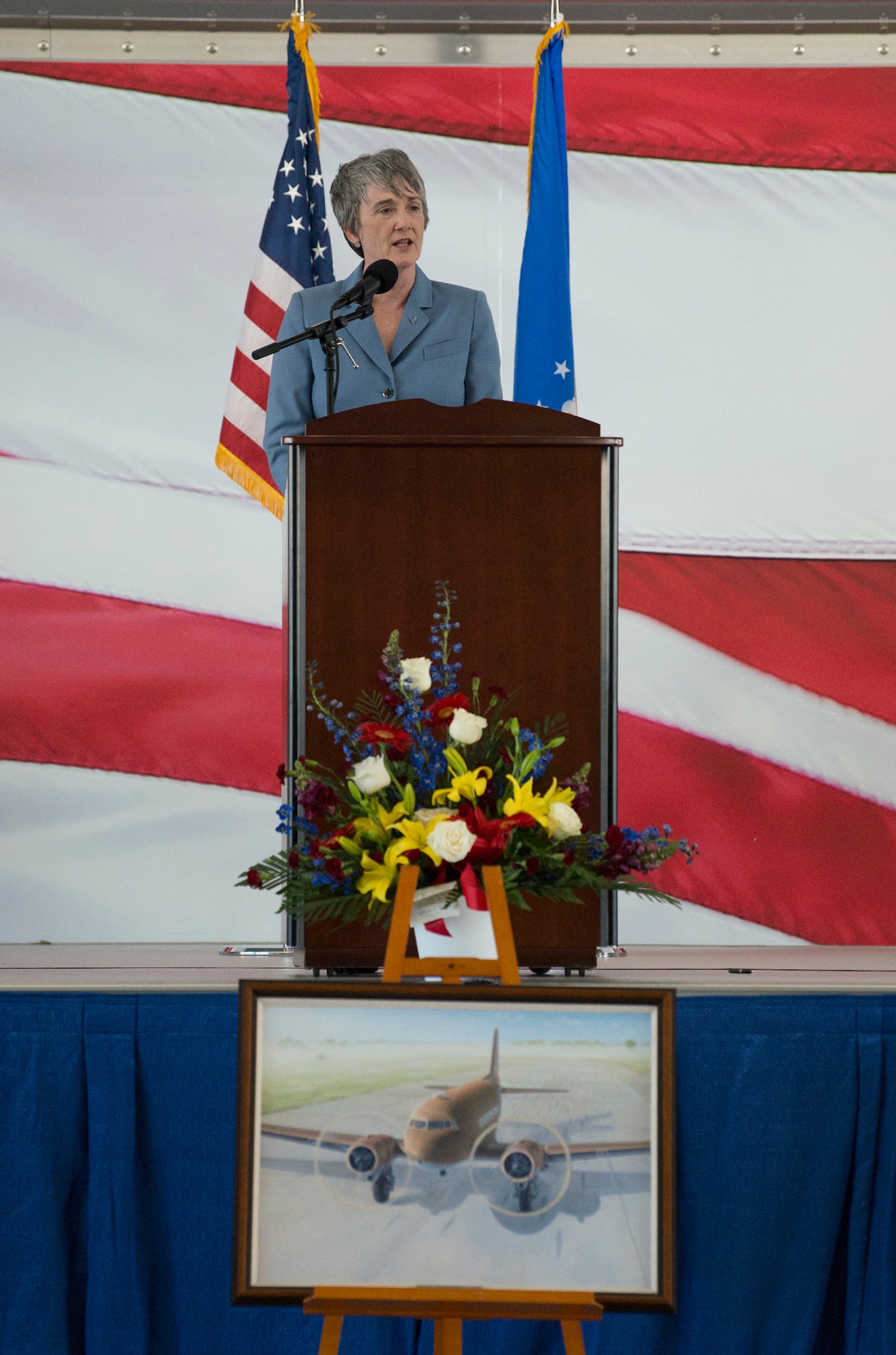 Secretary of the Air Force Heather Wilson speaks to attendees at the memorial service to celebrate the life of retired U.S. Air Force Lt. Col. Richard “Dick” E. Cole at Joint Base San Antonio-Randolph, Texas, April 18, 2019.