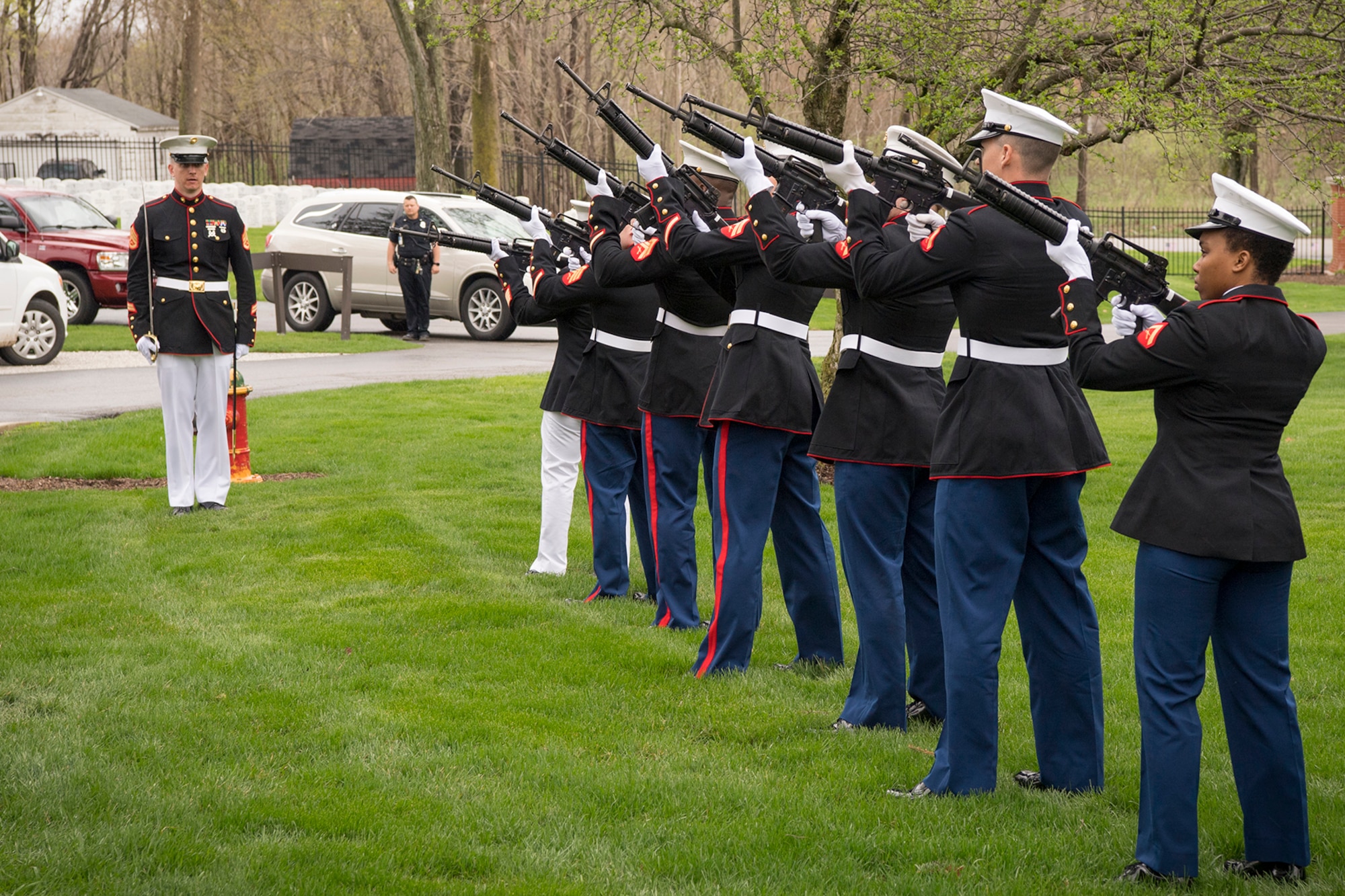 Marines from Detachment 1, Communications Company, Combat Logistics Regiment 45, 4th Marine Logistics Group, perform a 21-gun salute during a funeral for Pvt. Fred Freet April 18, 2019 at the Marion Indiana National Cemetery. Freet was posthumously issued the Purple Heart for wounds received in action resulting in his death, the Combat Action Ribbon for service during World War II and The Presidential unit citation amongst others. (U.S. Air Force Photo/Master Sgt. Ben Mota)