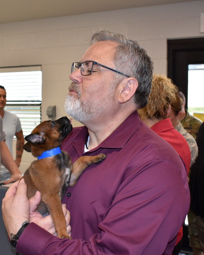 Terry Bashore, Air Force Installation Contracting Agency, holds a Belgian Malinois puppy, during a tour of the 341st Training Squadron military working dog training facilities on Joint Base San Antonio Lackland, Texas, April 16, 2019. From birth to eight weeks, future military working dogs bred at the 341st TRS are reared at the military working dog center. (U.S. Air Force photo by Shannon Carabajal)