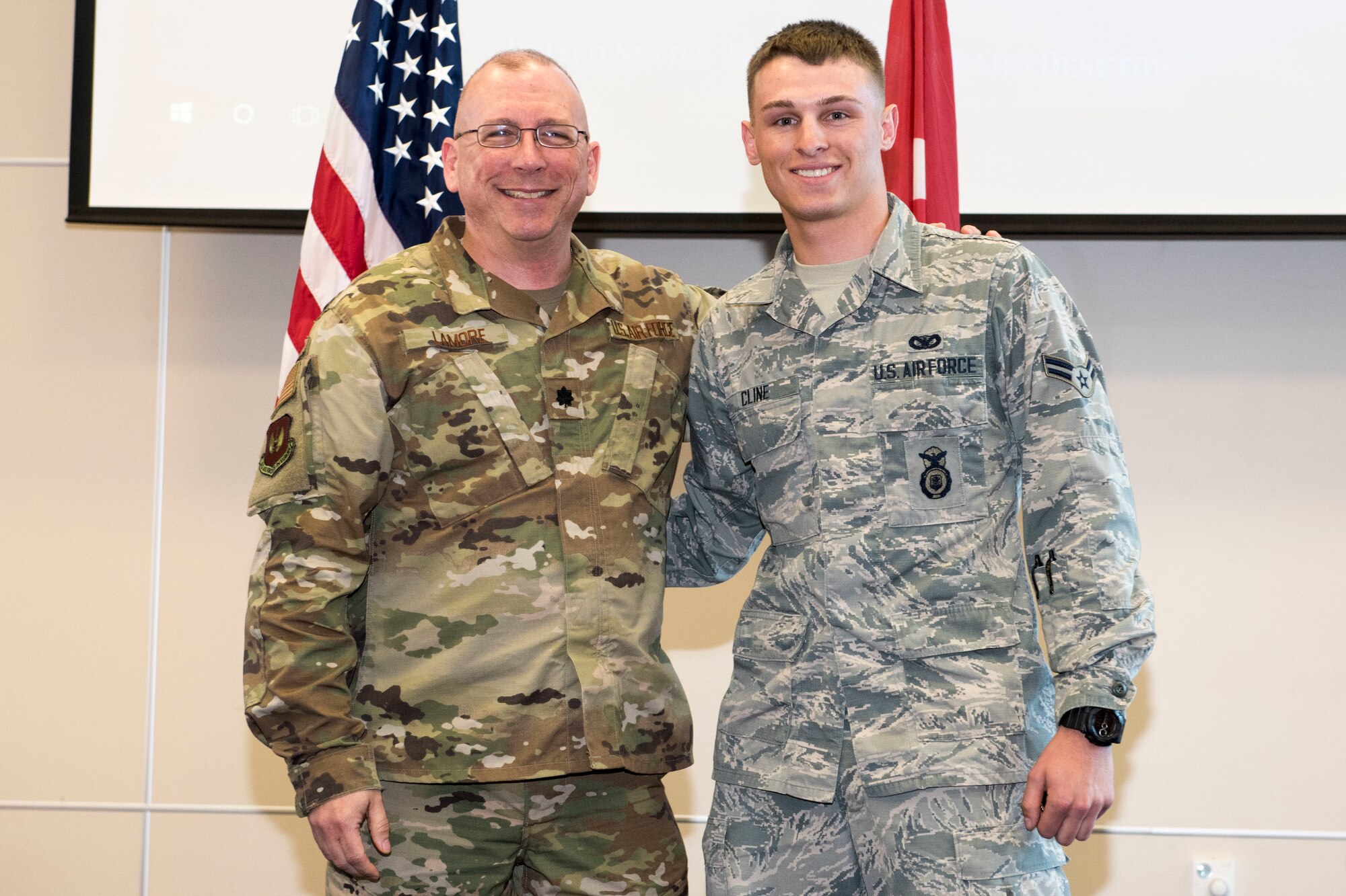 t. Col. Robert LaMore, 39th Air Base Wing inspector general, poses for a picture with Airman 1st Class James Cline, 39th Security Forces Squadron modern facility operator, April 17, 2019, at Incirlik Air Base, Turkey.
