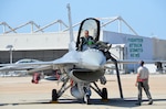 Maj. Ryan Stott, a pilot with the 114th Fighter Wing, exits an F-16C Fighting Falcon during Lobo Plummet at Marine Corps Air Station Miramar, California, March 2019. Lobo Plummet is a deployment for training that enables the 114th Fighter Wing to conduct force integration with fourth and fifth generation fighter aircraft.