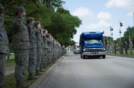 Airmen from Joint Base San Antonio-Randolph line up to form a welcome cordon to greet the family of retired U.S. Air Force Lt. Col. Richard “Dick” E. Cole on their arrival to the base for Cole’s memorial ceremony April 18. Cole, the last surviving Doolittle Raider, passed away April 9, 2019, in San Antonio.