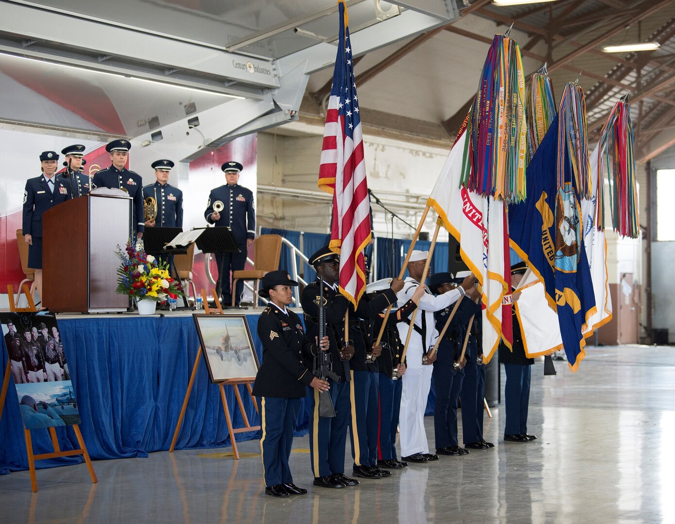 A joint service color guard prepare to present the colors during a memorial service for retired U.S. Air Force Lt. Col. Richard “Dick” E. Cole at Joint Base San Antonio-Randolph April 18. Cole, the last surviving Doolittle Raider, was among 80 Airmen who took part in the storied World War II Doolittle Tokyo Raid and was a founding Airman of the USAF Special Operations community.