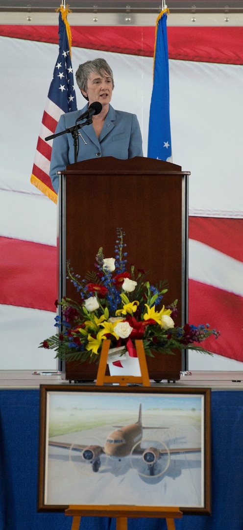 Secretary of the Air Force Heather Wilson speaks to attendees at the memorial service to celebrate the life of retired U.S. Air Force Lt. Col. Richard “Dick” E. Cole at Joint Base San Antonio-Randolph April 18. Cole, the last surviving Doolittle Raider, was the co-pilot on a B-25 Mitchell for then-Col. Jimmy Doolittle during the storied World War II Doolittle Tokyo Raid.