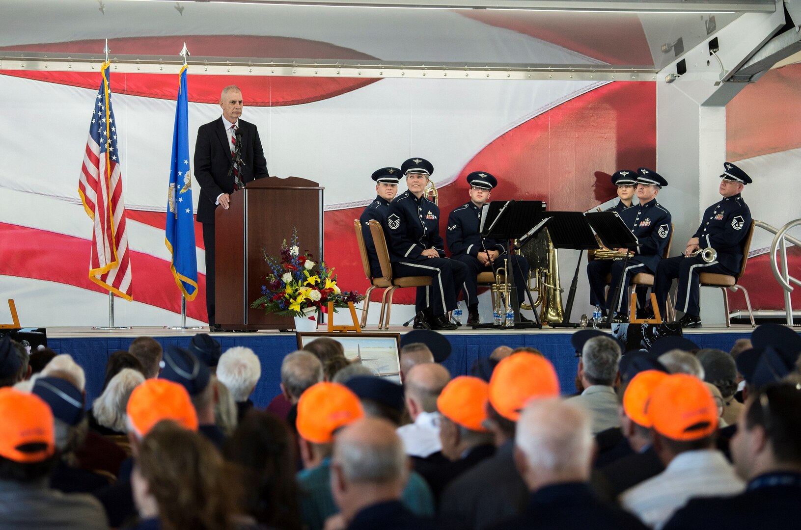 Richard Cole, son of retired U.S. Air Force Lt. Col. Richard “Dick” E. Cole, speaks to attendees during a memorial service for his father at Joint Base San Antonio-Randolph April 18. The last surviving Doolittle Raider and a founding Airman of the USAF Special Operations community, Lt. Col. Cole passed away April 9 in San Antonio.