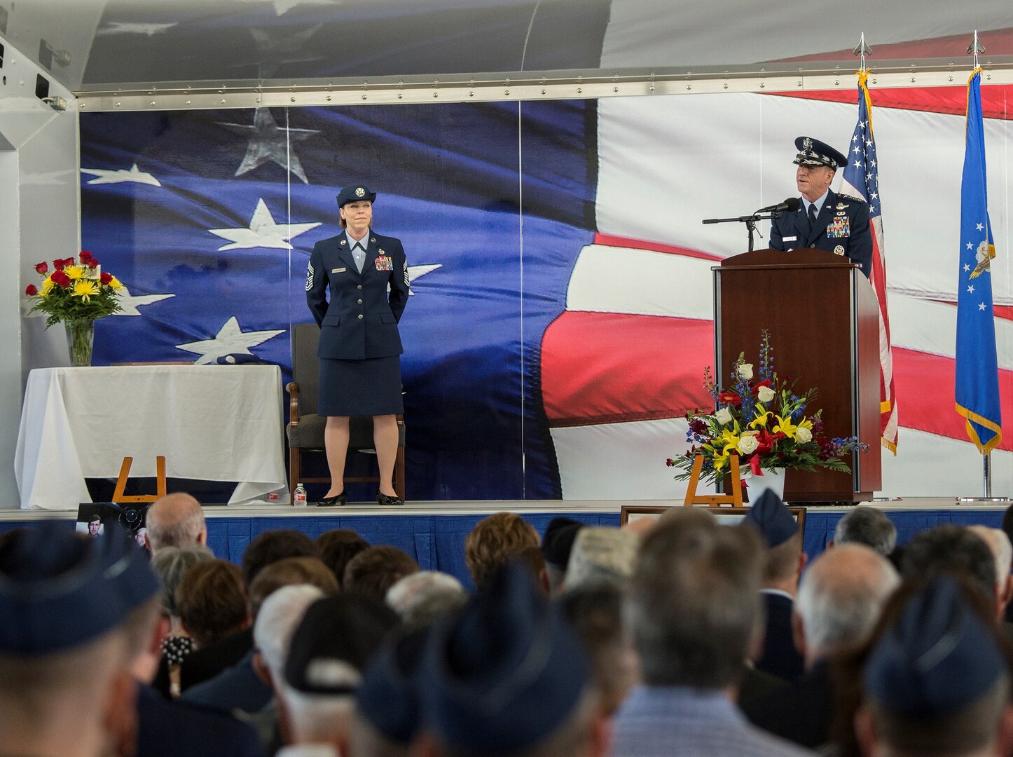 U.S. Air Force Chief of Staff Gen. David L. Goldfein addresses the family of retired U.S. Air Force Lt. Col. Richard “Dick” E. Cole during a memorial service at Joint Base San Antonio-Randolph April 18. Cole was the last surviving Doolittle Raider who took part in the storied World War II raid on Tokyo and was a founding Airman of the USAF Special Operations community.