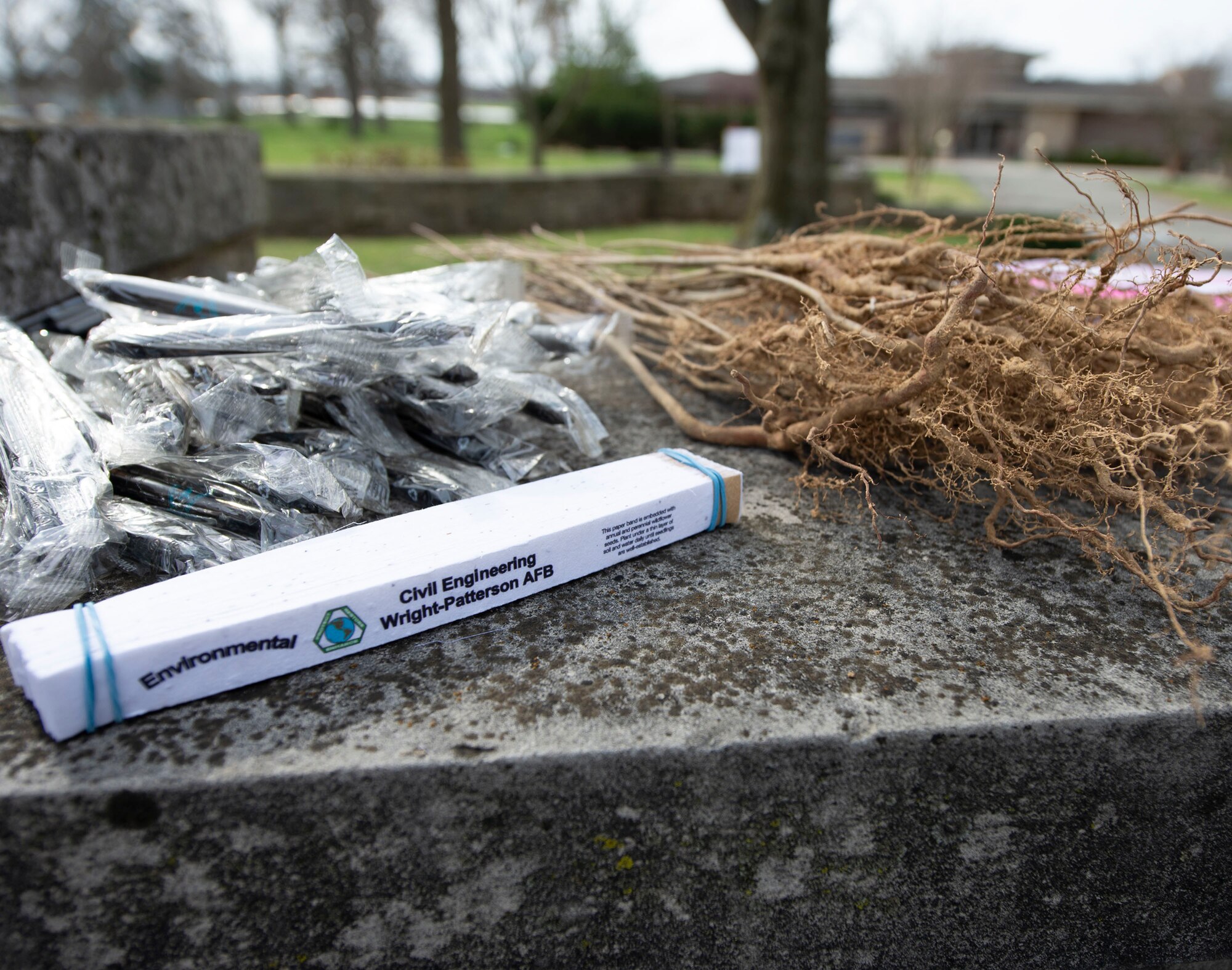 Packaged pens and redbud tree seedlings lay on the concrete surface during the 88th Civil Engineer Group Arbor Day event on the grounds near the Wright Brothers Memorial, Dayton, Ohio, April 11, 2019. The 88th CEG, gave out redbud tree seedlings to Fairborn High School students for their support efforts to protect the trees and woodlands. (U.S. Air Force photo by Michelle Gigante)