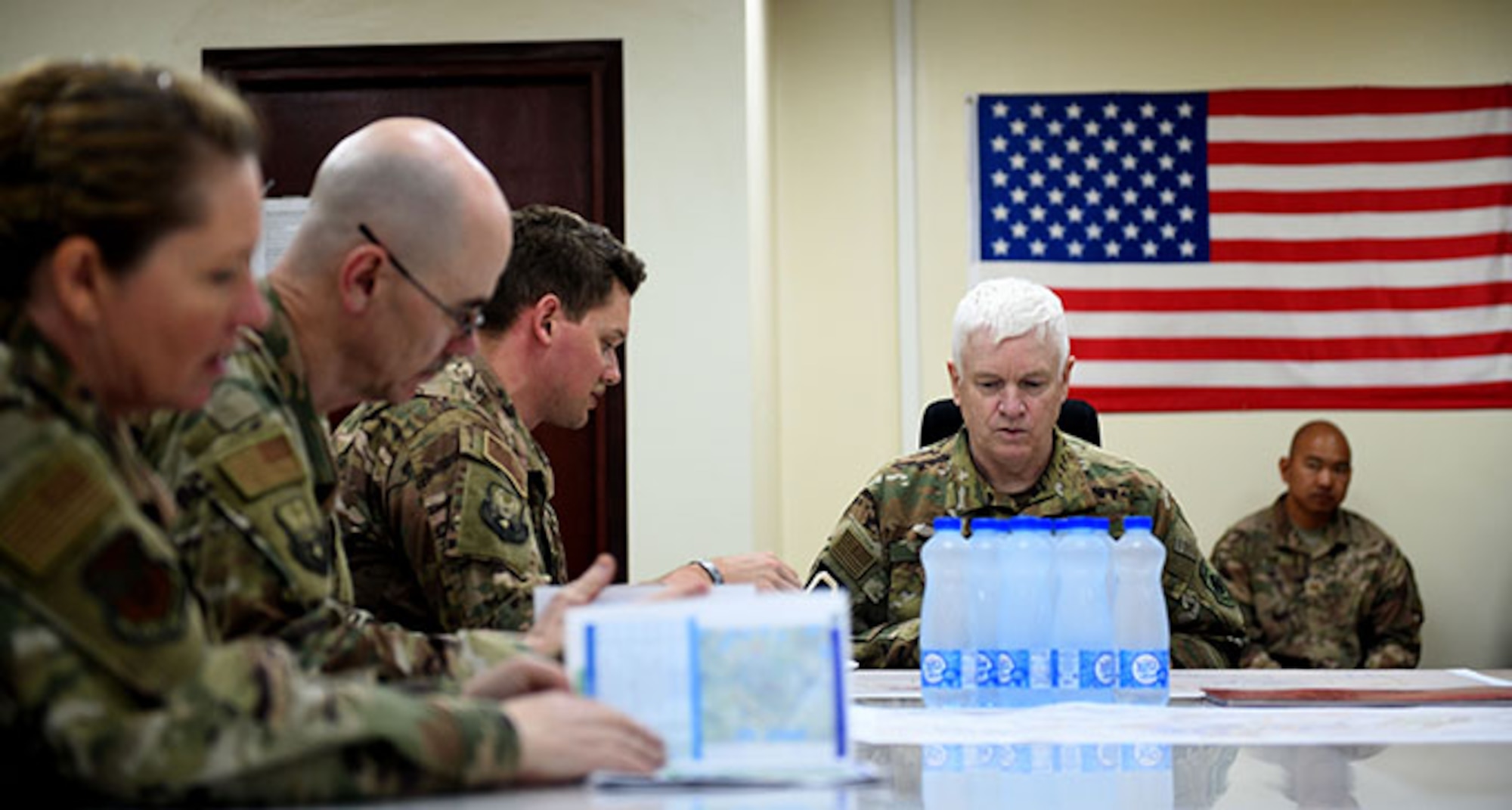 U.S. Air Force Lt. Gen. L. Scott Rice, Air National Guard director, visited service members and spoke with senior leaders throughout U.S. Air Forces Central Command posts, along with Chief Master Sgt. Ron Anderson, ANG command chief and Chief MSgt. Lorene Kitzmiller, ANG first sergeant functional, April 2019, in efforts to gauge how ANG priorities are manifesting at the tactical edge.