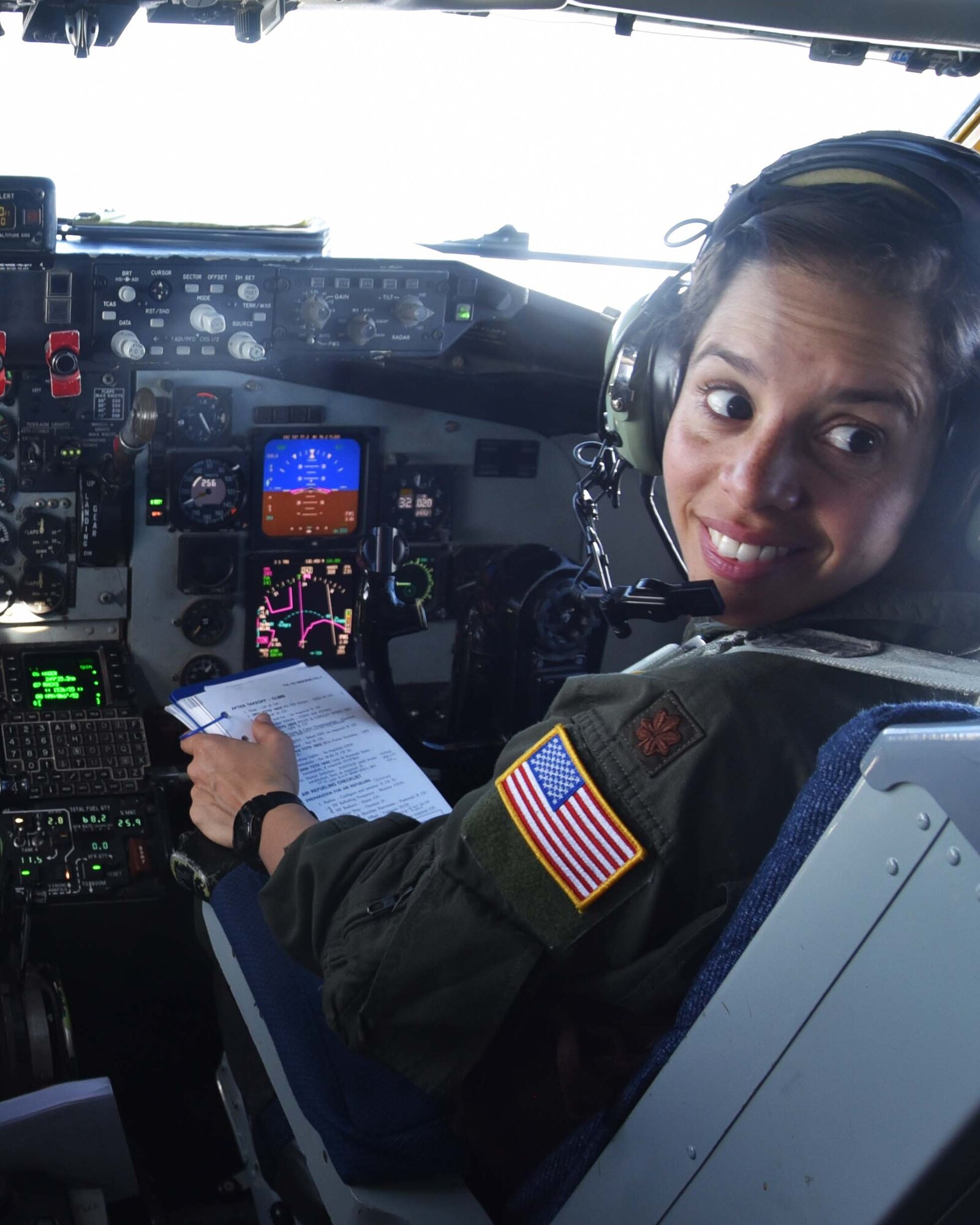 Maj. Suzanne Crespo Valentin, 18th Air Refueling Squadron pilot, flys a KC-135 Stratotanker during an 'unmanned' flight, April 9, 2019. Valentin was part of a five-person, all-female aircrew. During the flight, the crew performed air refueling for F-16 Fighting Falcons from the 54th Fighter Squadron out of Holloman Air Force Base, N. M